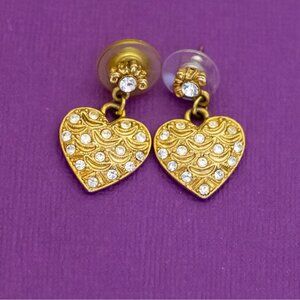 Vintage Love Heart Clear Rhinestones Gold Tone Dangle Earrings - Q42